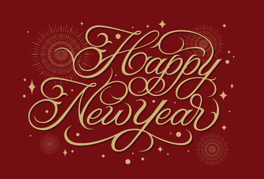 Letteing Happy New Year with Fireworks, Sparkle Elements in Light Brown Color, Vector, Typography for Posters, Banners, Greetings Card and Others