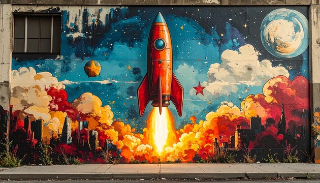 Vibrant Rocket Launch Mural - A Colorful Journey to the Stars.
