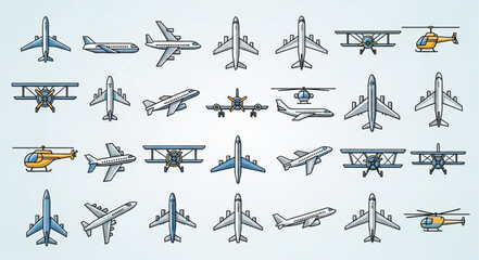 Diverse Collection of Airplane and Helicopter Illustrations. © Oki
