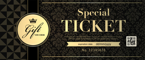 Luxury Gold Gift Voucher & Coupon Ticket Template - Premium Black Damask Design 