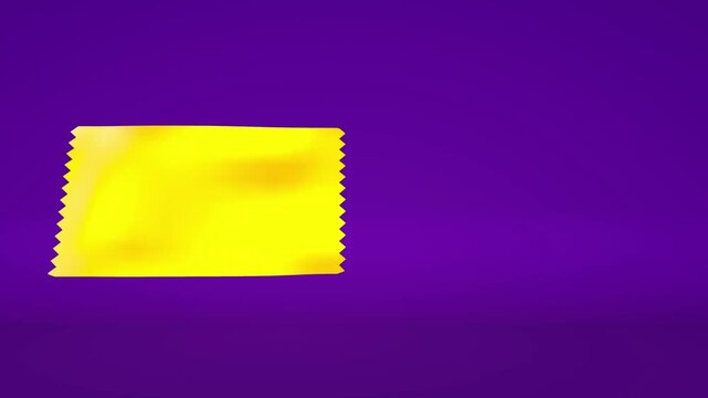 Golden ticket voucher for exclusive admittance floating against a vibrant purple background with soft shadows in a clean minimalist promotional 3D rendering
