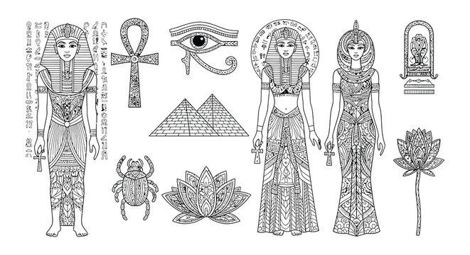Intricate line art depicting ancient egyptian pharaohs and queens