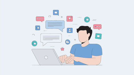 Fototapeta premium A man sitting at a laptop with social media icons floating around him