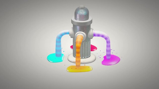Closeup of a metallic fire hydrant splashing vibrant multicolored paint onto a neutral surface highlighting textures and bold artistic concepts for creative industries