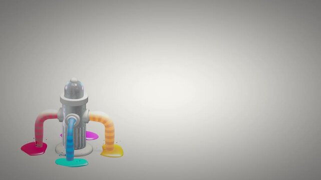 Creative fire hydrant sculpture pouring multi colored paint onto a grey surface with a wide perspective and clean composition for advertising and design agencies