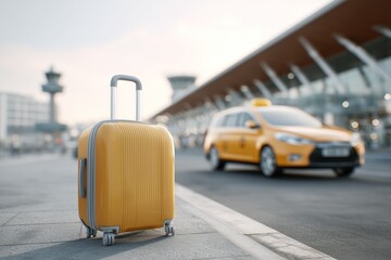 Yellow suitcase waiting near airport taxi. Airport transfer and pickup transportation service. Passenger travel luggage concept. Taxi transport at airport terminal. Travel arrival and tourism mobility