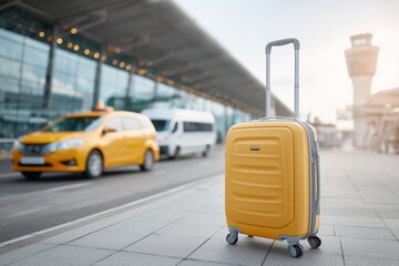 Yellow suitcase near airport taxi pickup zone. Airport transfer and travel luggage concept. Passenger transportation and arrival service. Taxi at airport terminal. Travel mobility background.