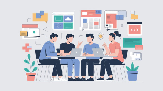 A group of diverse young professionals collaborating on a project with laptops and surrounded by coding and web development graphics