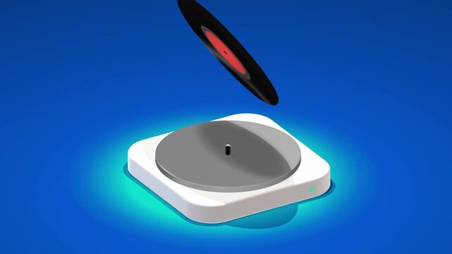 Isometric view of a modern white turntable and floating vinyl record with glowing cyan light effects on a gradient blue background for high fidelity audio