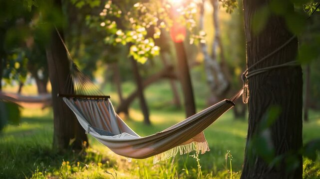 Hammock tied between trees in sunny orchard, suggesting relaxation and tranquility nature
