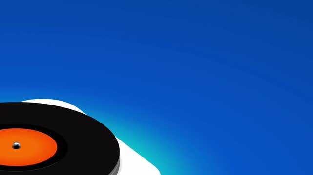 Extreme closeup of a levitating black vinyl record above a white turntable base with soft blue gradient lighting for premium audio and music technology design