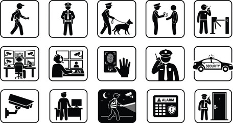 Professional Security and Surveillance Service Icons Set Featuring Security Guards CCTV Monitoring and Patrol Units © ElectroTeam