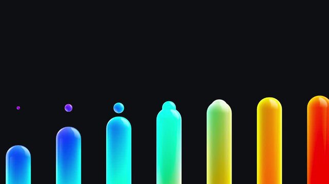 Close perspective of the top of rainbow gradient audio visualization capsules against a dark background for immersive music and sound technology concepts