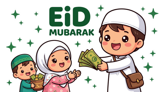 Eid Mubarak Kawaii Children Sharing Eidi Money Gift Tradition for Islamic Holiday Greeting Cards and Social Medias