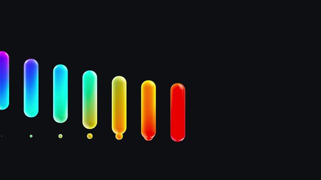 Digital audio bars visualization with vibrant rainbow gradients in 3D capsule shapes floating against a dark minimalist background for music and sound technology