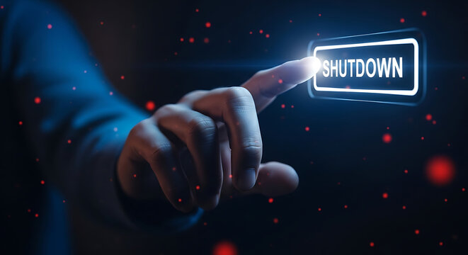 A hand pressing a virtual shutdown button in a dark digital environment