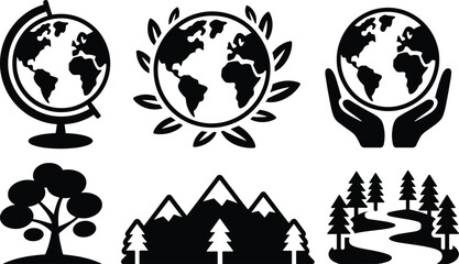 Obraz premium Black Nature Icon Set Featuring Globe Earth Symbols Mountains Trees Forest Landscapes and Environmental Conservation Icons for Eco Friendly Graphic Design