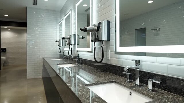 Modern public restroom with multiple sinks and illuminated mirrors