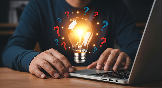 A person sitting at a desk with a laptop and a creative idea