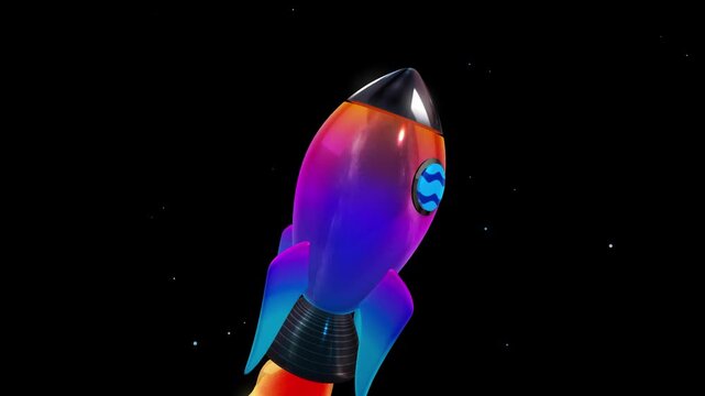 Detailed 3D macro shot of a sleek rainbow rocket ship hull and nozzle during ascent through a deep space environment with subtle bokeh stars and reflections