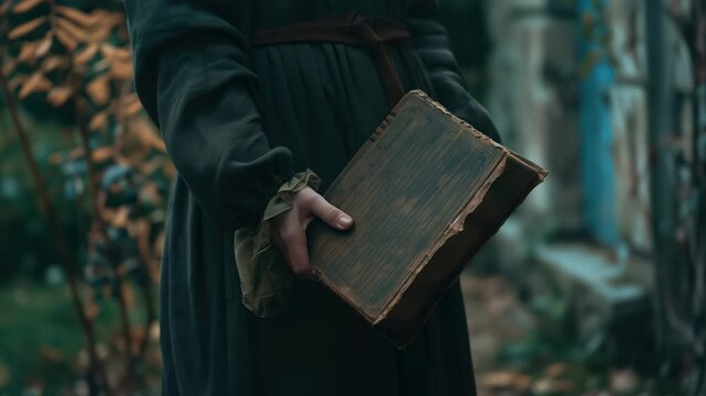 Person in dark cloak holding old, large book outdoors, with blurred foliage background