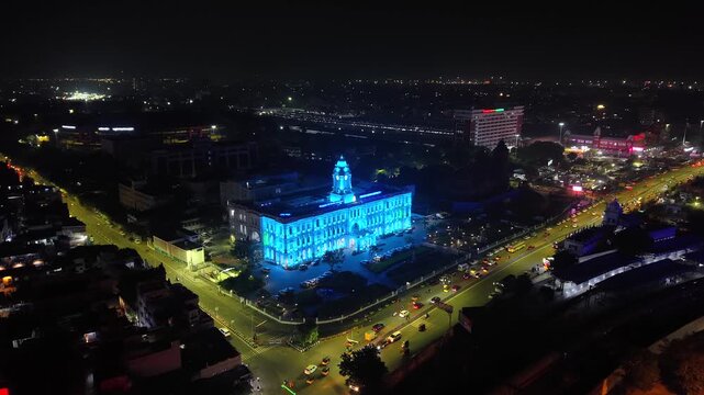 Aerial Night View of Ripon Building and Greater Chennai Corporation