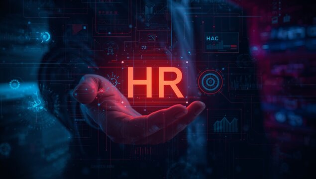 A person holds the concept of Human Resources in their hand with a futuristic interface in the background.