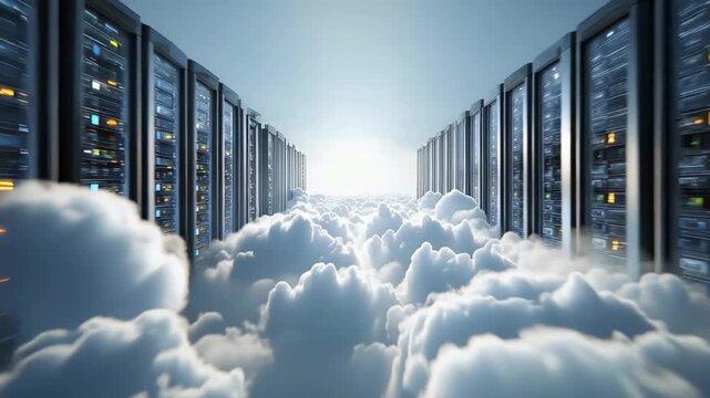 Concept of cloud computing data storage with servers among fluffy clouds in a futuristic landscape