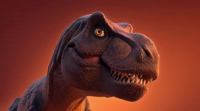 3D Animated Anime T-Rex Dinosaur Closeup Face on Orange Red Background for Science Museum