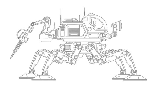 Sci-Fi Exploration Mech: A detailed line drawing of a futuristic exploration mech, showcasing its intricate design and advanced robotic arm in a landscape of technological imagination.