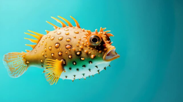 Colorful pufferfish swimming on teal background, with spikes and large eyes visible