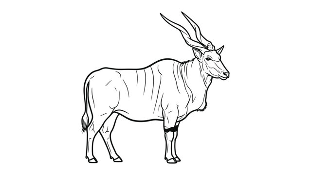 Elegant Eland Outline: A detailed black and white illustration of a magnificent eland antelope, standing gracefully against a simple backdrop.