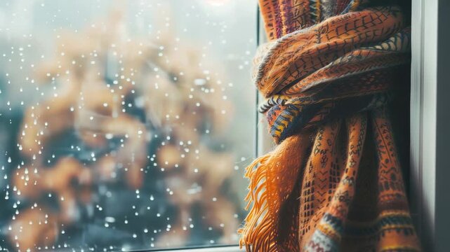 Cozy orange scarf near rainy window, blurred city background