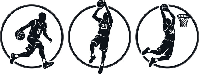 Professional Basketball Player Action Silhouettes Featuring Dribbling Jump Shot and Slam Dunk in Circular Frames © ElectroTeam