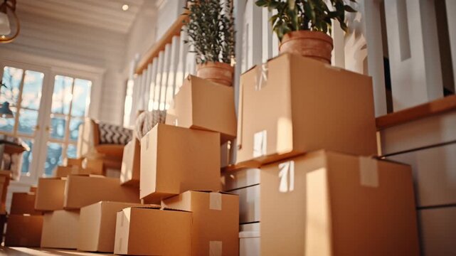 Stacked cardboard boxes and blanket on wooden stairs in bright home interior