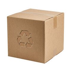 Square cardboard shipping box with recycle symbol