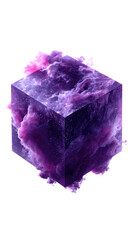 Fototapeta premium Abstract 3D Cube with Purple Nebula Texture and Atmospheric Space Smoke Isolated on Transparent Background for Creative Design