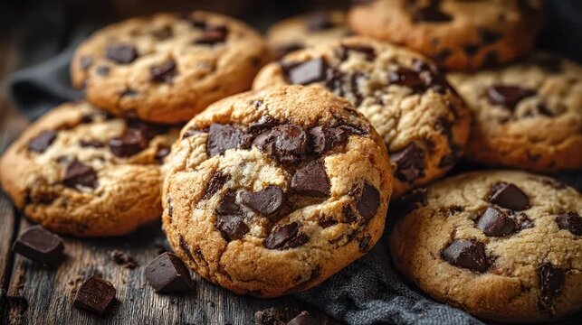 Delicious chocolate chip cookies with rich textures warm lighting and detailed closeups on a rustic wooden surface perfect for food related projects