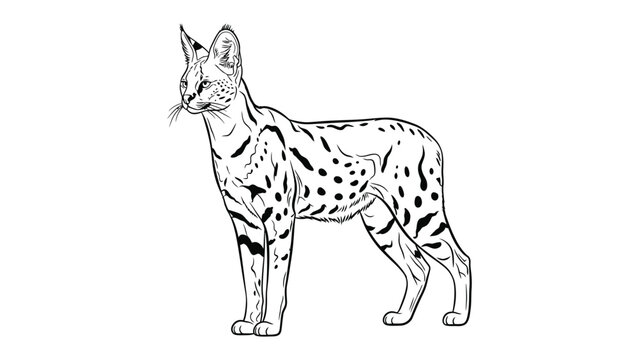 Elegant Serval in Profile: A refined monochrome sketch of a majestic serval cat, its sleek form adorned with distinctive spots. The detailed artistry evokes the serval's graceful presence.