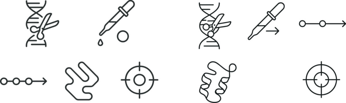 Symbols illustrate various genetic research tools, including DNA scissors, a dropper, a targeting marker, and a linear progression. These icons represent different techniques in biotechnology.