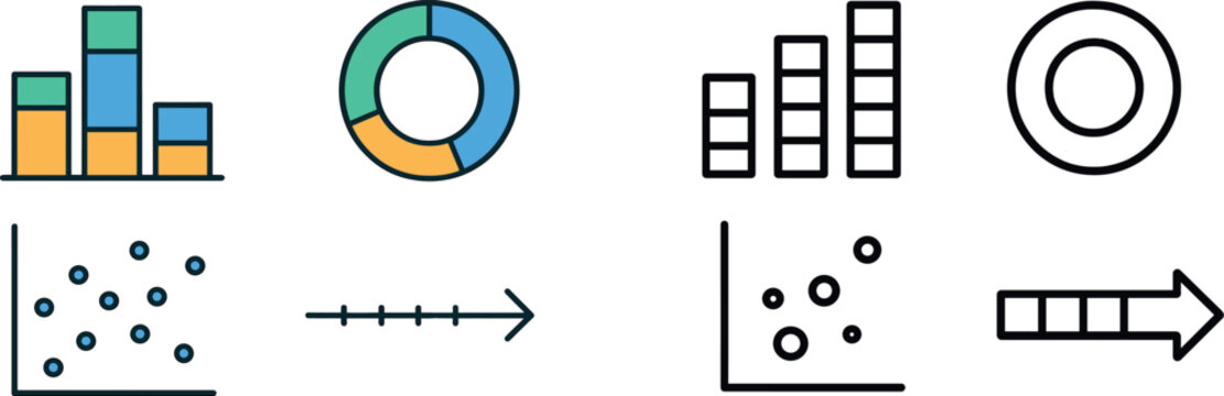 Visual representations of data are displayed with four distinct types: bar chart, pie chart, scatter plot, and line graph. Each element uses bright colors conducive to effective analysis.