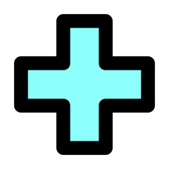 Modern cyan medical cross icon with a bold black outline perfect for healthcare branding digital pharmacy apps and emergency service advertisements.