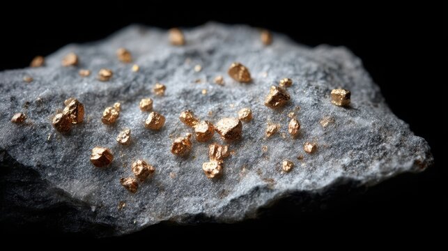 Raw gold nuggets embedded within a rough grey rock, showcasing natural mineral formation and precious metal discovery.