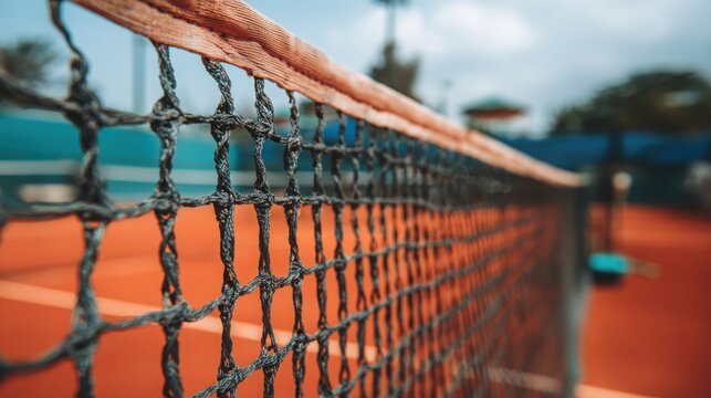 Detailed view of a tennis net on an outdoor court, highlighting the woven threads and playing surface.