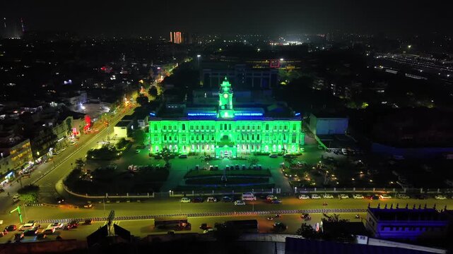 Aerial Night View of Ripon Building and Greater Chennai Corporation