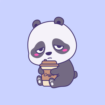 Lazy Tired Panda Coffee Mascot Cute Kawaii Illustration for Cafe Branding
