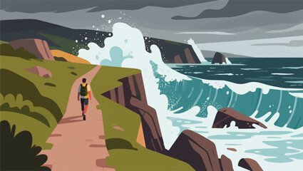 Illustration Of An Adventurer Walking On A Narrow Path On A Cliff With Big Waves Vector Design Template © BedRoses