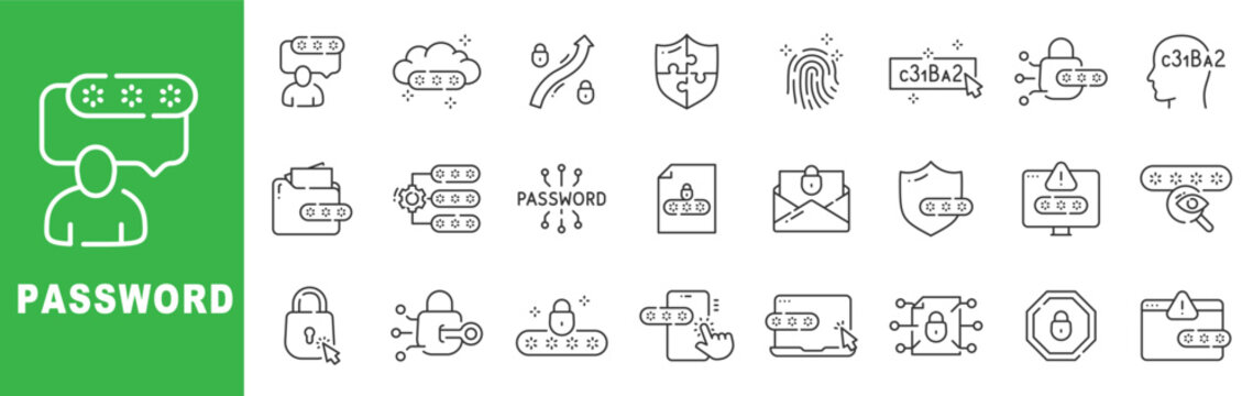 Password and authentication outline icon set featuring secure login, encryption, biometric verification and cybersecurity protection editable stroke vector design.