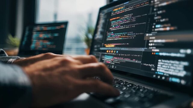 Experienced programmer coding on a laptop in a modern workspace during daylight hours