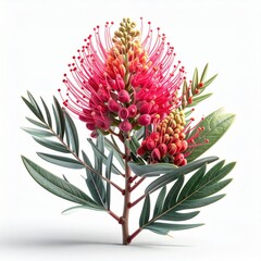 Fototapeta premium Pink And Yellow Grevillea Flower With Developing Buds And Fresh Green Leaves Tall Australian Native Bloom With Intricate Spiky Texture isolated on white background